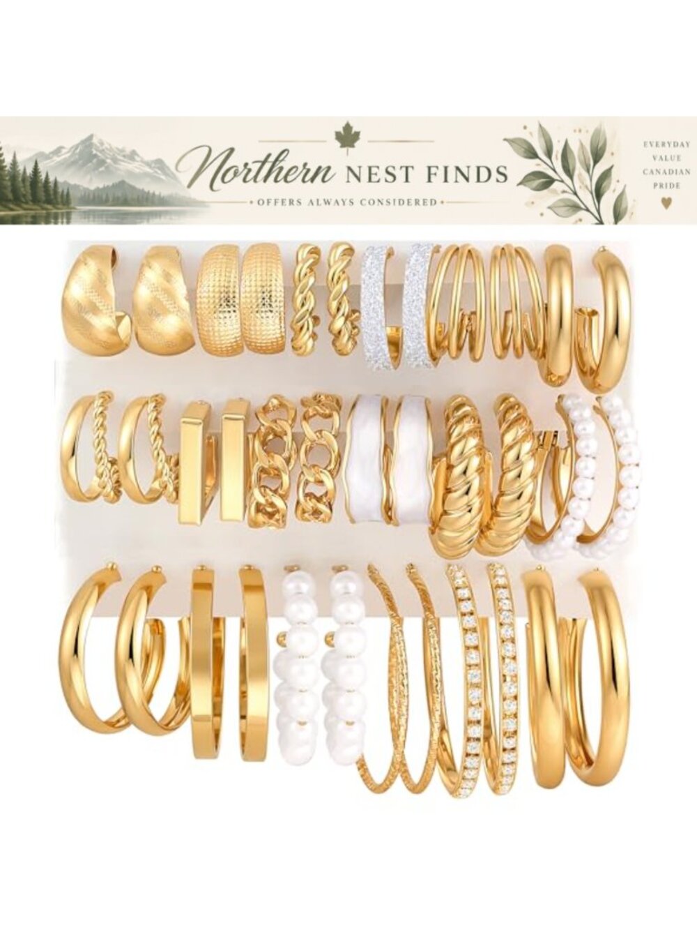 Hypoallergenic Gold Hoop Earrings Set 18 Pairs Chunky Pearl Twisted Women